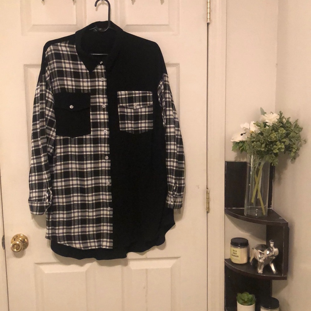 Black and white plaid long top warm fabric